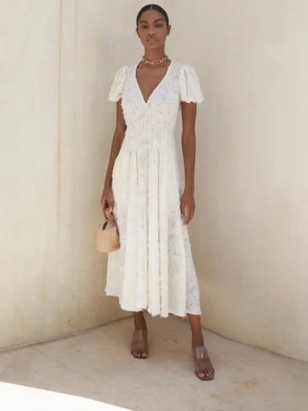 CULT GAIA Elise Textured Midi Dress in Cream Size Med NWT